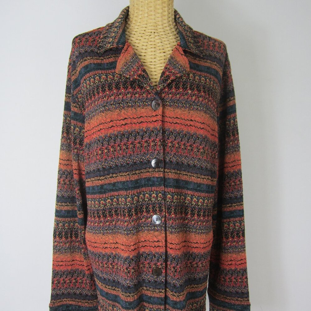 Coldwater Creek Women L Orange Blue Stretch Knit Long Sleeve Button  Shirt